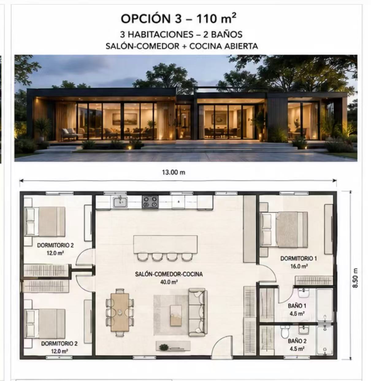 110 square metre three-bedroom prefab home with Spanish floor plan