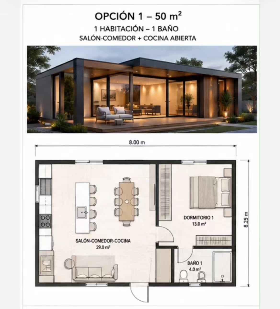 50 square metre one-bedroom prefab home with Spanish floor plan