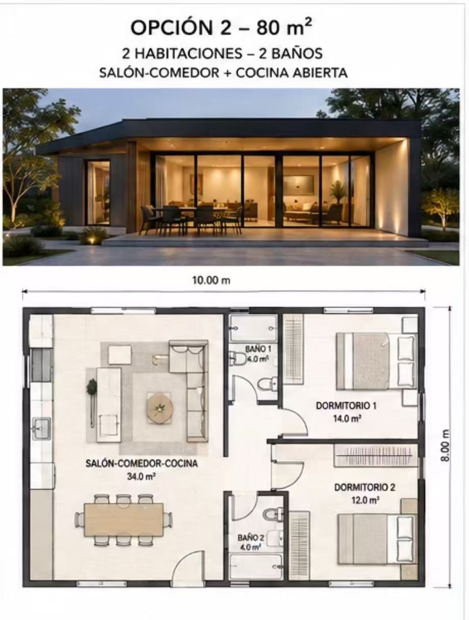 80 square metre two-bedroom prefab home with Spanish floor plan